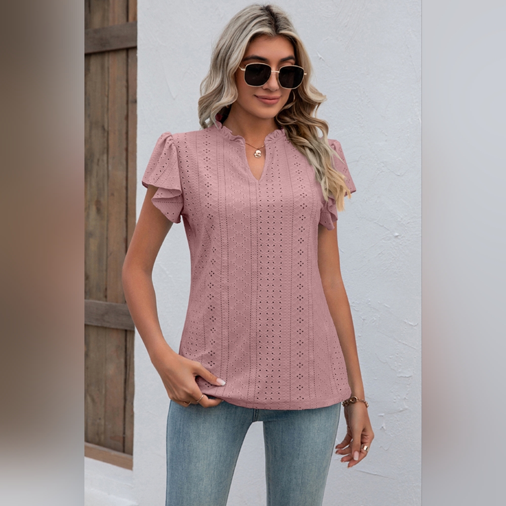 Eyelet Notched Flutter Sleeve Top. Full & Plus Size Available. A Just Jen Brand